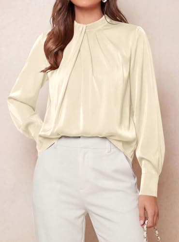 PRETTYGARDEN Women Satin Tops Mock Neck Long Sleeve Shirts,Beige,XXL - Thumbnail 2