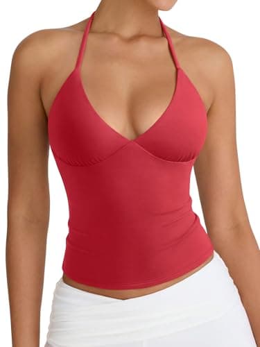 PINKMSTYLE Women's Sexy Halter V Neck Tank Top Cute Double Lined Summer Sleeveless Going Out Tops Concert Outfits Red Medium - Image 1