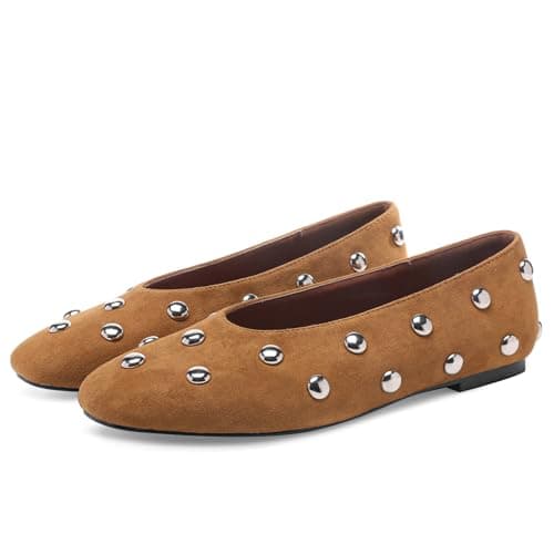 RBTHOLP Studded Flats for Women Suqare Toe Slip on Suede Ballet Flats Comfortable Walking Studs Ballet Shoes Brown - Thumbnail 5