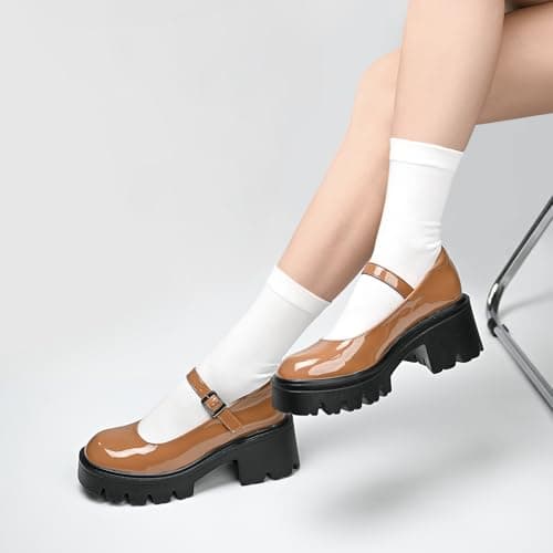 Elvora Women's Mary Jane Shoes - Platform Mary Janes for Women, Brown Leather Round Toe Chunky Dress Shoes with Adjustable Ankle Strap - Thumbnail 2