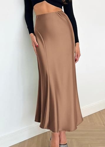 KIRUNDO Women's Satin Maxi Skirt 2026 Summer Fall Trendy High Waisted Wedding Cocktail Party Work Silk A-Line Formal Skirts(X-Large, Coffee) - Thumbnail 3