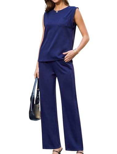 difficort 2 Piece Lounge Set Women CrewNeck Casual Sleeveless Tops Straight Leg Pants Matching Outfits,Navy,Large - Image 1