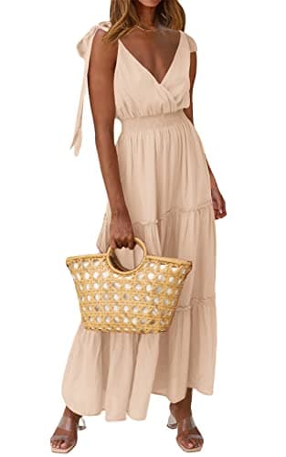 PRETTYGARDEN Women's Summer Dresses 2026 Boho Spaghetti Strap Tiered Maxi Dress Beach Tie Strap Smocked Long Dresses Pleated Sundress (Apricot,X-Large) - Image 1