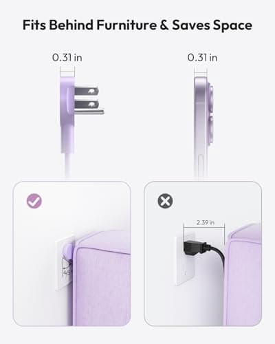 NTONPOWER Flat Plug Power Strip, Desktop Charging Station with 25W USB C Ports, Purple Extension Cord with 4 AC Outlets, 5ft Flat Extension Cord for Home Office, Dorm Room Essentials - Thumbnail 5