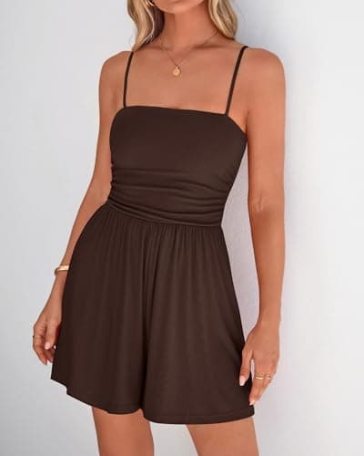 BTFBM Summer Rompers For Women 2026 Casual One Piece Spaghetti Strap Sleeveless Shorts Jumpsuit Beach Vacation Outfits(Brown, XX-Large) - Thumbnail 2
