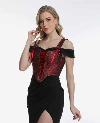 Grodress Renaissance Corset Vest Tops for Women Red Linen Overbust Bustier Bodice Sleeveless Drawstring Crop for Valentine's Day - Thumbnail 3