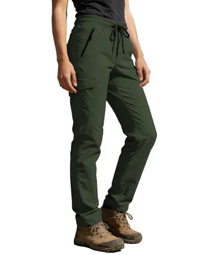 AGVNG Womens Hiking Cargo Pants with Pockets Waterproof Quick Dry Lightweight Elastic Waist Drawstring UPF 50+ Travel Work Casual Active Outdoor Army Green M - Image 1