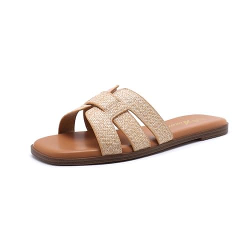 Athlefit Women's Flat Sandals Dressy Summer Square Open Toe Comfortable Slip On Leather Raffia Slide Sandals Size 11 - Image 1