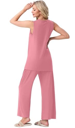 PrinStory Womens Pajamas Sets 2 Piece Soft Pjs for Women Sleeveless Pajama Set Summer Loungewear with Pockets Pink-M - Thumbnail 6