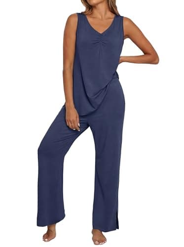 PrinStory Womens Pajama Sets Soft Knit Pjs 2 Piece Sleeveless Pajama Set Summer Lightweight Pj with Pockets Navy Blue-XL - Image 1