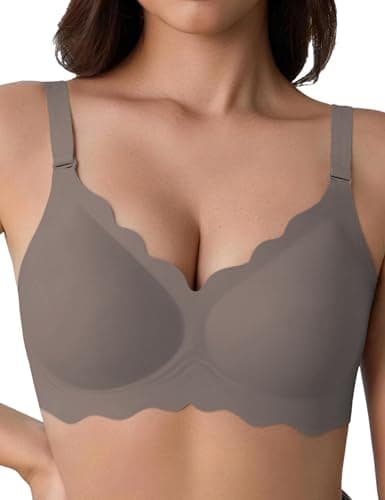 Tarbo Everyday Comfort Bra for Women No Underwire Jelly Wireless Seamless Push Up Bras Scalloped Edge Full Coverage with Support Bralettes Coffee M - Image 1