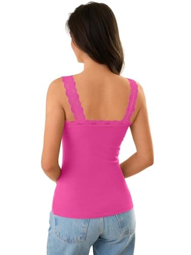 GKBK Camisole Tank Tops for Women Summer Casual Basic Tops Sleeveless Lace Tank Tops Cute V Neck Wide Strap Soft Ribbed Lace Trim Cami Undershirt Spring Clothes 2026 Summer Fashion Outfits Hot Pink - Thumbnail 3