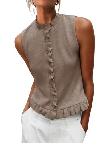 Hilomirics Womens Sleeveless Sweater Vest Mockneck Button Down Vacation Tank Top Summer Ruffle Going Out Vest Tops Dark Khaki - Image 1