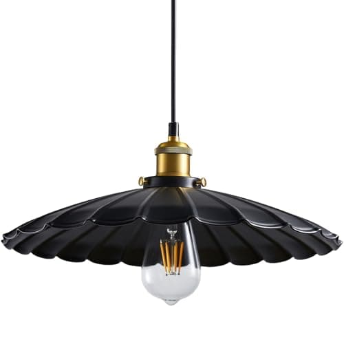 Oyisen Hanging Light Fixture, Metal Pleated Lampshade Kitchen Island Pendant Lights Black Hanging Light Fixture 15.7 Inch Hanging Pendant Light 6.5Ft Height Adjustable - Image 1