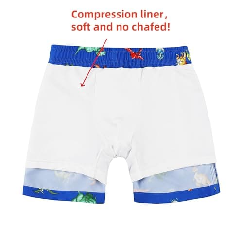 Toddler Kids Boys Swim Trunks with Compression Liner and Rash Guard Set Size 3T UPF 50+ Sun Protection Blue Orange Dinosaur - Thumbnail 4