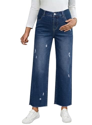 BLENCOT Women's Maternity Wide Leg Capri Jeans Under Belly Elastic Waist Raw Hem Ripped Stretchy Denim Pants Casual Summer Trendy Postpartum Outfits Bluing L - Image 1