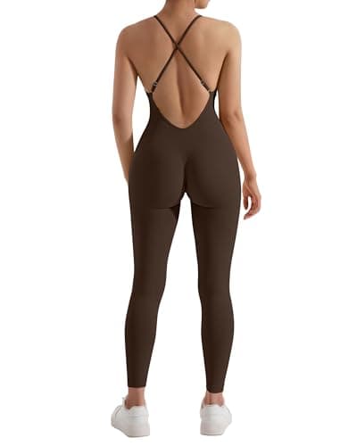 MOOSLOVER Women Strappy Backless One Piece Jumpsuits Tummy Control Padded Workout Rompers(S,#1 Chocolate Brown) - Image 1