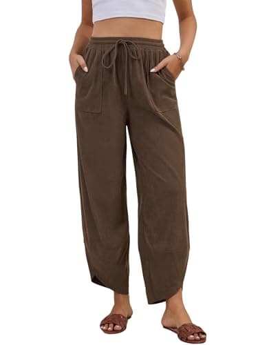 grewley Corduroy Pants for Women Casual Wide Leg Pants Womens Brown Trousers Baggy Drawstring Fall Pants Brown M - Image 1