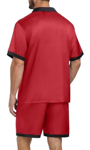 PrinStory Mens Pajamas Set Satin Silk Pajama For Men Sleepwear Shorts Summer 2 Piece Button Down Set Red Black 2XL - Thumbnail 5