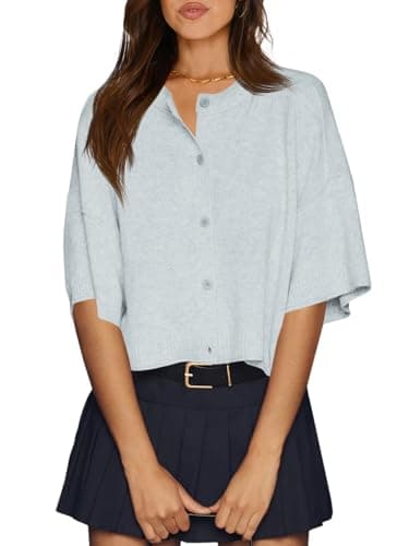 Cicy Bell Womens Half Sleeve Cardigan Sweaters Cropped Button Down Tops Oversized Lightweight Ribbed Knit Summer Outfits Grey Blue - Image 1