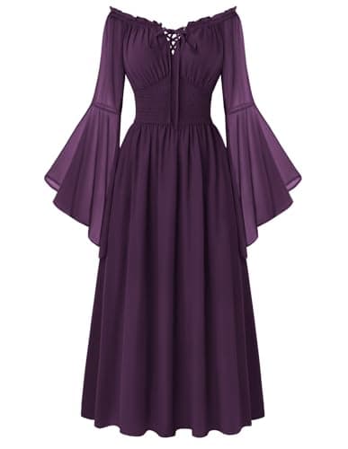 Scarlet Darkness Renaissance Dress Women Peasant Medieval Costume Off Shoulder Maxi Dresses with Pockets Dark Purple XL - Image 1