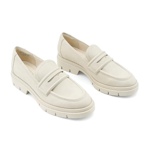 JENN ARDOR Women's Chunky Loafers Slip On Lug Sole Penny Loafer Comfort Casual Round Toe Mid Heels Platform Work Shoes Beige 7.5 - Image 1