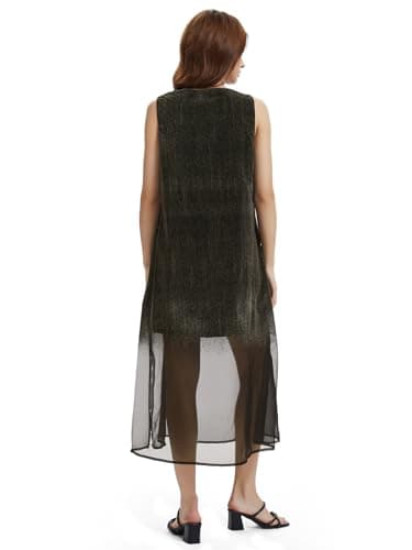 J.Corrine Women V-Neck Sleeveless Denim Flocked Chiffon Dress Gradient Blue Black White Tank Casual Midi Spring Summer Dress - Thumbnail 4
