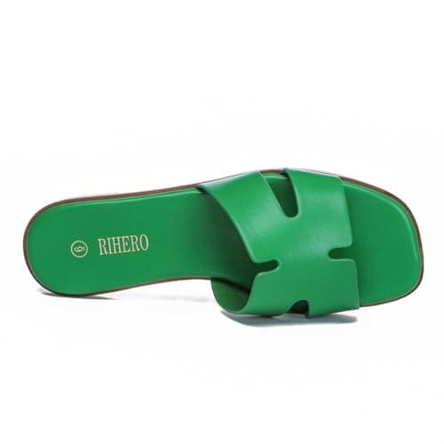 Rihero Women's Dressy Slides Sandals Comfortable Slip On Square Toe Flat Green Sandals Size 8 - Thumbnail 5