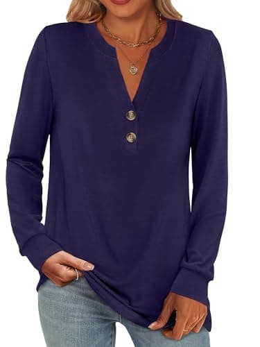 ANRABESS Women's Long Sleeve Shirts 2026 Spring Fashion Dressy Casual Tops Trendy Henley Blouses Cute Work Outfits Clothes Navy Blue X-Large