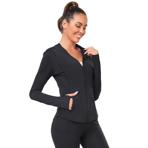 AGVNG Womens UPF 50+ Long Sleeve Hooded Jackets Full Zip Lightweight UV Protection SPF Cooling Sun Shirts Workout Athletic Hiking Running Tops Thumb Hole Black S - Thumbnail 2