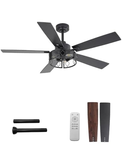 FELCO 52" Ceiling Fan with Lights and Remote, Modern Farmhouse Fan with Black/Walnut Blades,Reversible Quiet DC Motor, 6-Speed Airflow, E12 Base, Downrod Mount for Living Room Bedroom Covered Outdoor