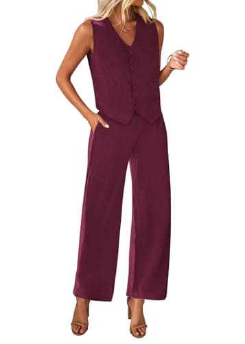 KIRUNDO Two Piece Outfits for Women Summer Sets 2026 Trendy Button Crop Vest Wide Leg Pantsuit Matching Set Spring Fashion Clothes(Wine Red, XX-Large) - Image 1