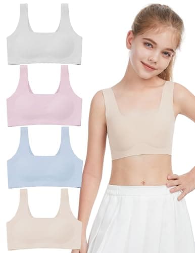 JOYTREE Girls Training Bras for Girls 8-14 Seamless Comfortable Sports Bra with Soft Removable Padding Bras Multipack -Beige/Baby Bule/Pale Pink/White, XL - Image 1