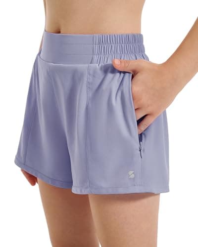Stelle Girl's Athletic Shorts with Liner Zipper Pockets Elastic Waist Running Shorts Sports Active Shorts for Teen Kids(Purple Haze,L) - Image 1