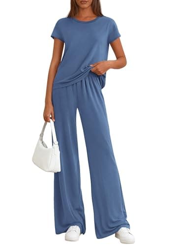 PRETTYGARDEN Women's 2026 Summer 2 Piece Matching Lounge Sets Short Sleeve Shirts Tops Wide Leg Pants Travel Airport Outfits (Blue,XX-Large) - Image 1