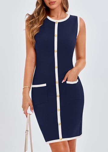 KIRUNDO Women Work Business Casual Dress 2026 Summer Fall Cocktail Semi Formal Office Elegant Classy Knit Color Block Dresses(Navy Blue, Medium) - Thumbnail 3