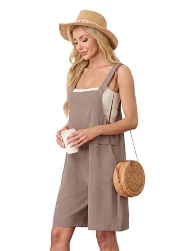 HiMONE Womens Casual Rompers For Women Sleeveless Short Jumpsuit Adjustable Overalls For Summer (Light Khaki-XL) - Thumbnail 4