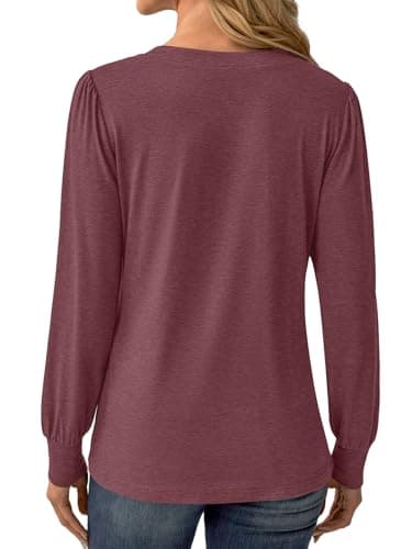 GKBK Women's Puff Long Sleeve Tunic V Neck Button Blouses Fall Tops Trendy Dressy Casual Business Henley Shirts Wine Red S - Thumbnail 2