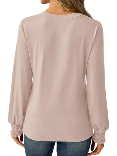 GKBK Womens Long Sleeve Shirts Fall Tops V Neck Business Dressy Casual Blouses with Smocked Cuffs Apricot - Thumbnail 4