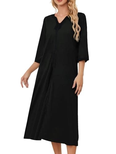 PITINAN House Dress for Women Zipper Front Robes Short Sleeve Nightshirt Zip Front Bathrobe Nightwear Mumu Dresses House Dress With Pockets Black XL - Image 1