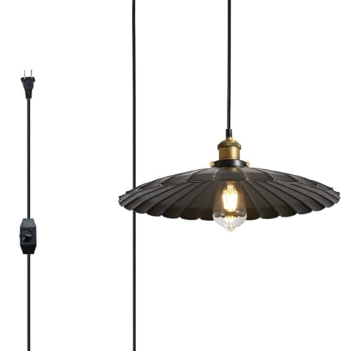 Oyisen Plug in Pendant Lights for Ceiling,15.7 Inch Retro Black Metal Shade Plug in Hanging Lamp On/Off Switch Dining Room Hallway Hanging Pendant Light for Farmhouse