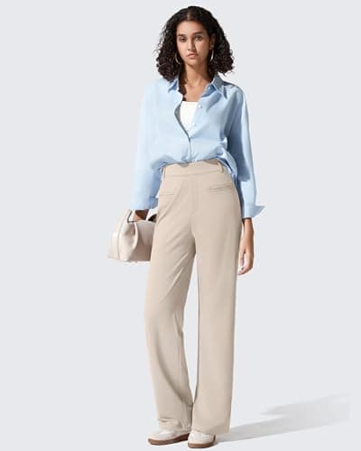 G4Free Women's Dress Pants with Pockets Straight Leg Yoga Work Stretchy Business Trousers Casual Slacks Belt Loops (L,Light Khaki,Petite) - Thumbnail 6