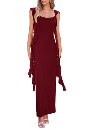 PRETTYGARDEN Women's 2025 Summer Wedding Guest Dress Sleeveless Ruffle Formal Cocktail Party Maxi Bodycon Dresses (Wine Red,X-Large) - Image 1