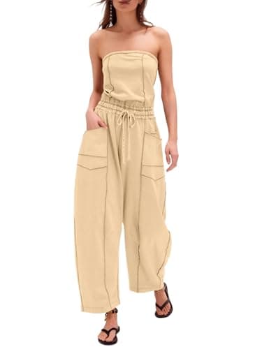 Sexyasasii Strapless Jumpsuits for Women Casual Strapless Summer Jumpsuit Off the Shoulder Long Wide Leg Pants One Piece Outfits with Pockets - Image 1