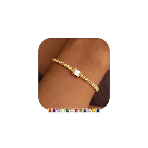 M MOOHAM April Cubic Zirconia Birthstone Bracelets for Women, Dainty Elastic 14k Real Gold Plated Beaded Bracelets Non Tarnish, Friendship Birthday Jewelry Gifts for Women - Image 1