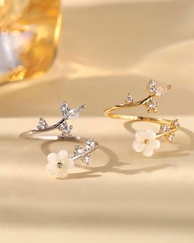 Solistra Rings for Women Non Tarnish, 14K Gold Plated Open Pearl Flower Band Adjustable Cubic Zirconia Rings for Women - Thumbnail 5