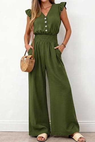 dowerme Women's Jumpsuits Dressy Casual 2026 Summer Ruffle Cap Sleeve V Neck Button Smocked Rompers Wide Leg Overalls(Army Green,Medium) - Thumbnail 4