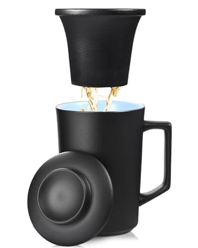 Foinly 15 oz Ceramic Tea Infuser Cup with Lid - Tea Mug with All Porcelain Strainer for Loose Leaf Teas,Microwave and Dishwasher Safe,Metal-Free,BPA-Free for Tea Lovers/Father's Day (Black) - Image 1