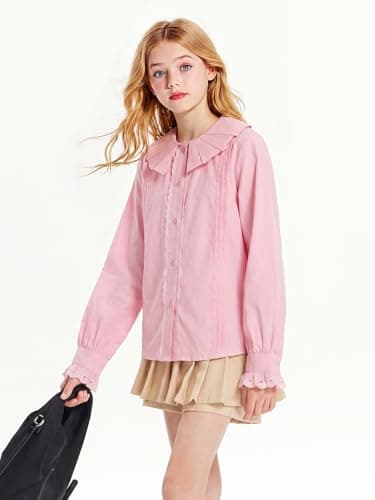 Barry Banny Girls Pink Dress Shirt Button Down Blouse Kids School Uniform Elegant Lace Decorated with Peter Pan Collar size6-7Y - Thumbnail 2