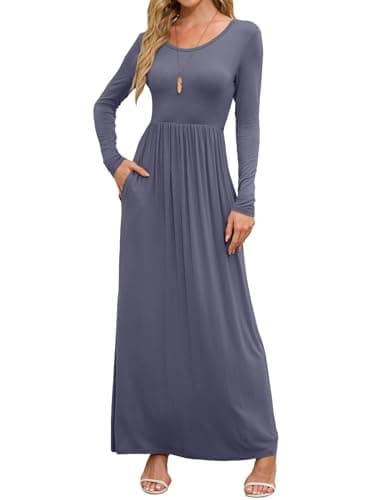 DEARCASE Maxi Dress for Women Purple Gray X-Large Round Neck Long Sleeves Wedding Guest A-line Plain Casual Empire Waist Flowy Party Vintage Spring Fall Winter Floor Dresses with Pocket - Image 1